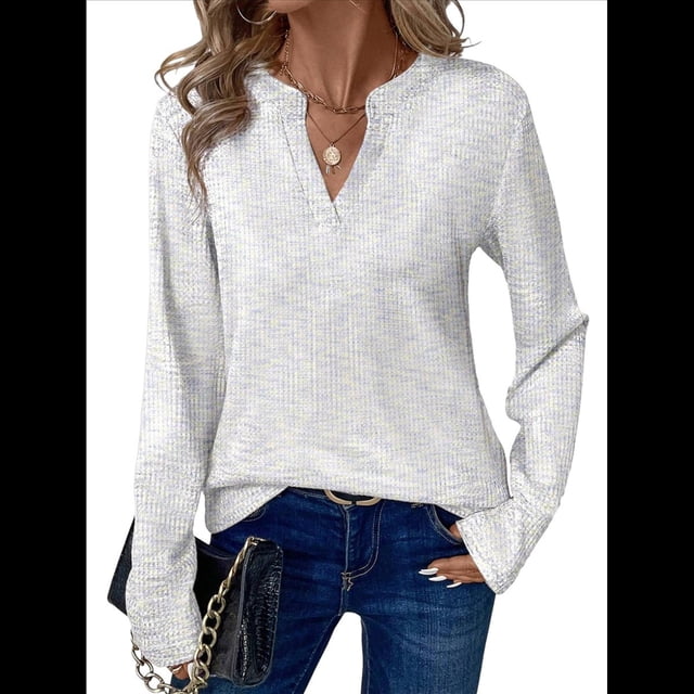 Blusas de Punto Gofre para Mujer, Camisas de Larga con Cuello en V, Blusas Casuales Elegantes Estilo Henley, Conjuntos de Otoño 2025 XL