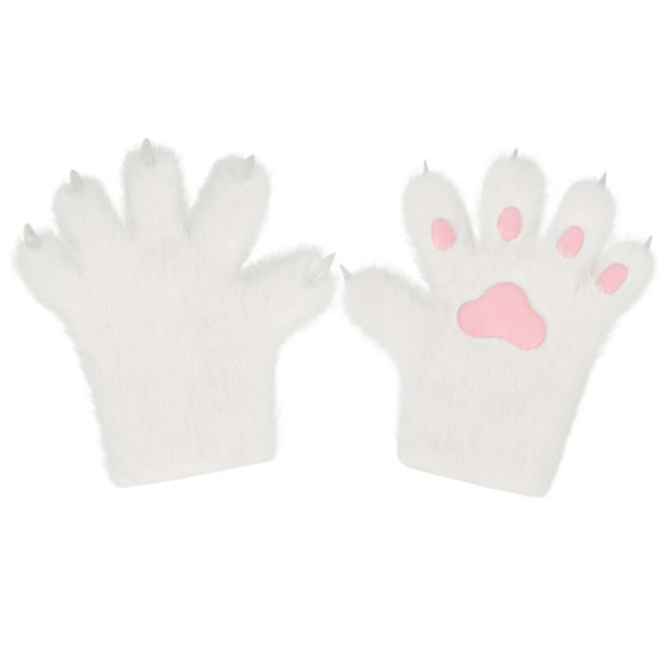 Guantes de pata de gatito, accesorios de disfraz de peluche para adultos, hombres y mujeres, cosplay de garra de gato Blanco