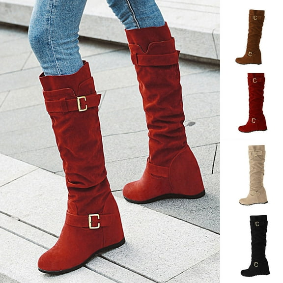 Hinvhai Women Fall Winter Suede High Boots,Fashion Retro Flat Heel Long Boots Wide Calf Side Zipper Boots Round Toe Casual Comfy Flat Boots Red 9.5(43)
