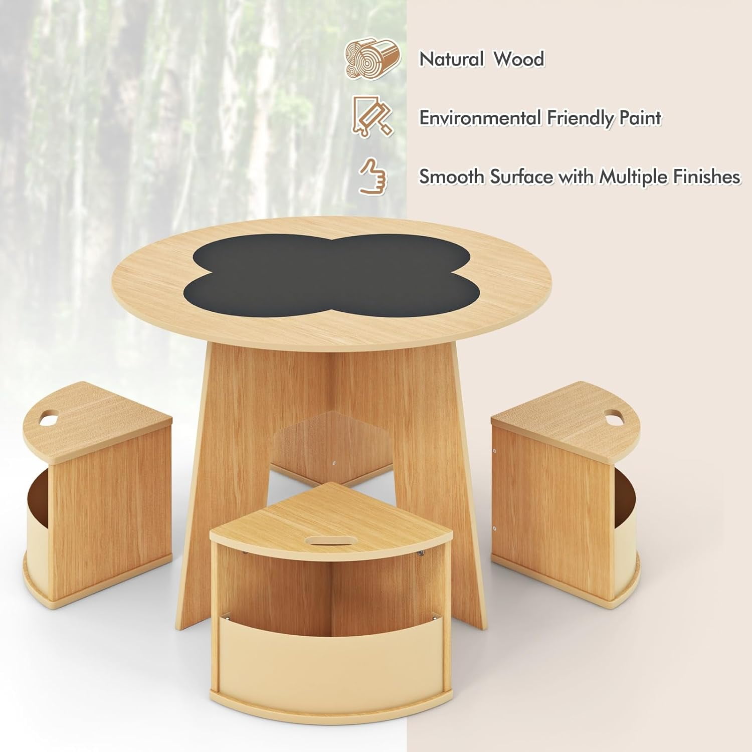 OLAKIDS Toddler Table and Chair Set with 4 Storage Stools, Wooden Flower Shaped Nesting Table with Blackboard Drawers, Children Multi-Activity Table for Art Crafts Draw Read Boys Girls 3+