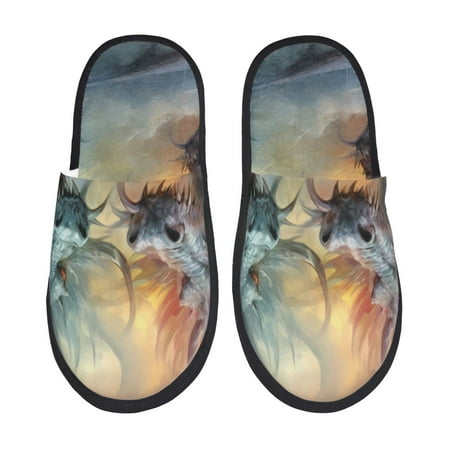 Balery White And Red Storm Dragon Slient Indoor Furry Fleece Comfort House Shoes Soft Non-Slip Home Shoes Cotton slippers House Slippers-- Large