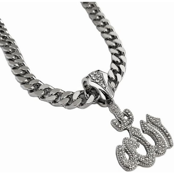 Hip Hop Iced Silver Plated Cubic Zirconia Allah Pendant & 10mm 30" Cuban Chain Rapper Style Jewelry Fashion Bling Necklace Gift for Men Women