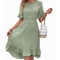 thumbnail image 2 of Women'S Short Sleeve Dresses High Waist Round Neck Solid Flounce Sleeve Ruffle Dress Bean Green S, 2 of 8