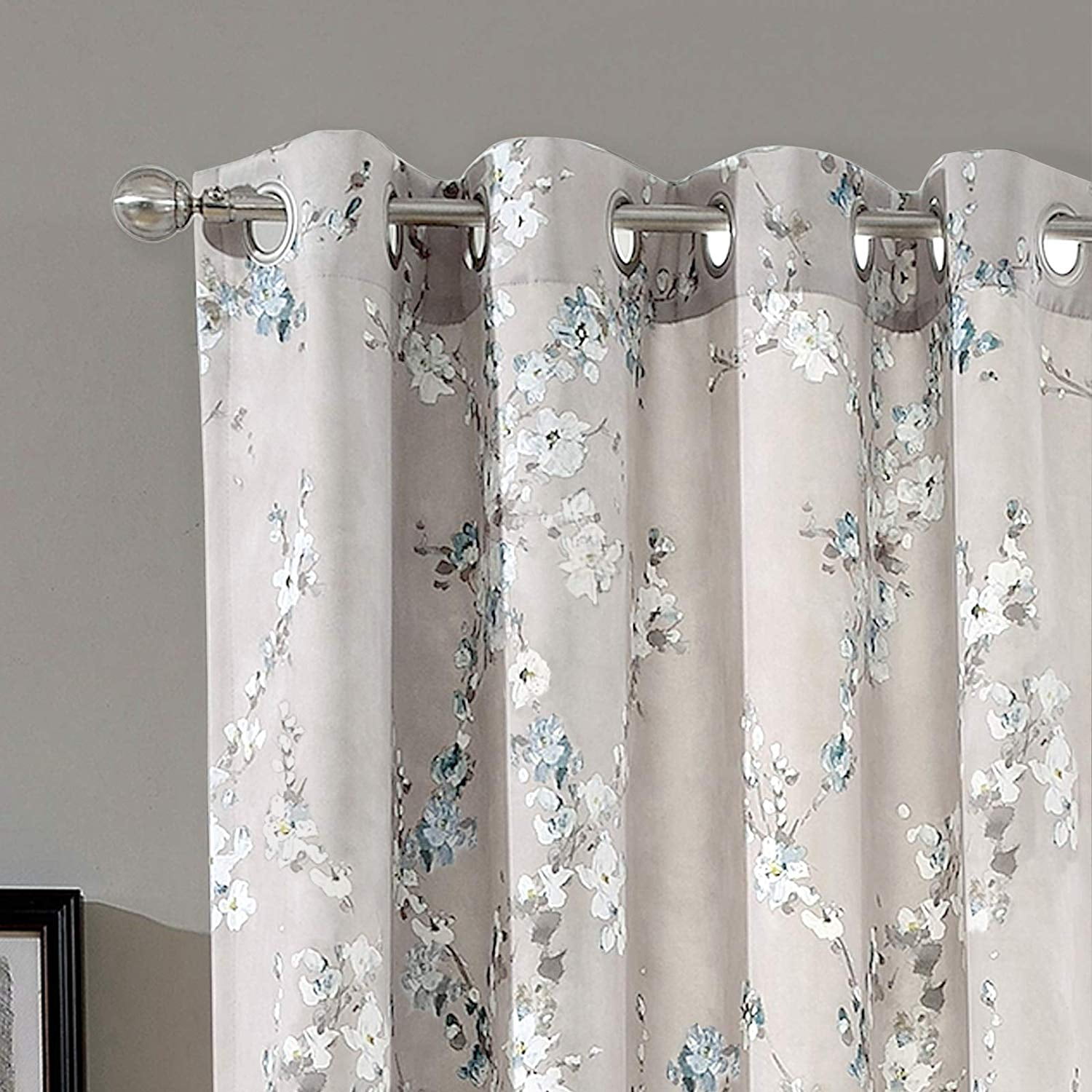 DriftAway Mackenzie Thermal Room Darkening Grommet Unlined Window Curtains Blossom Floral Pattern 2 Panels 50"x96" Blue Gray