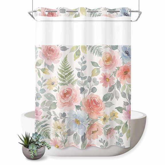 No Hook Shower Curtain, Pink Watercolor Floral Shower Curtains for Bathroom with See Through Top Window, Spring Botanical Leave Flowers Waterproof & Washable Bath Curtain Extra Long 72"x96"