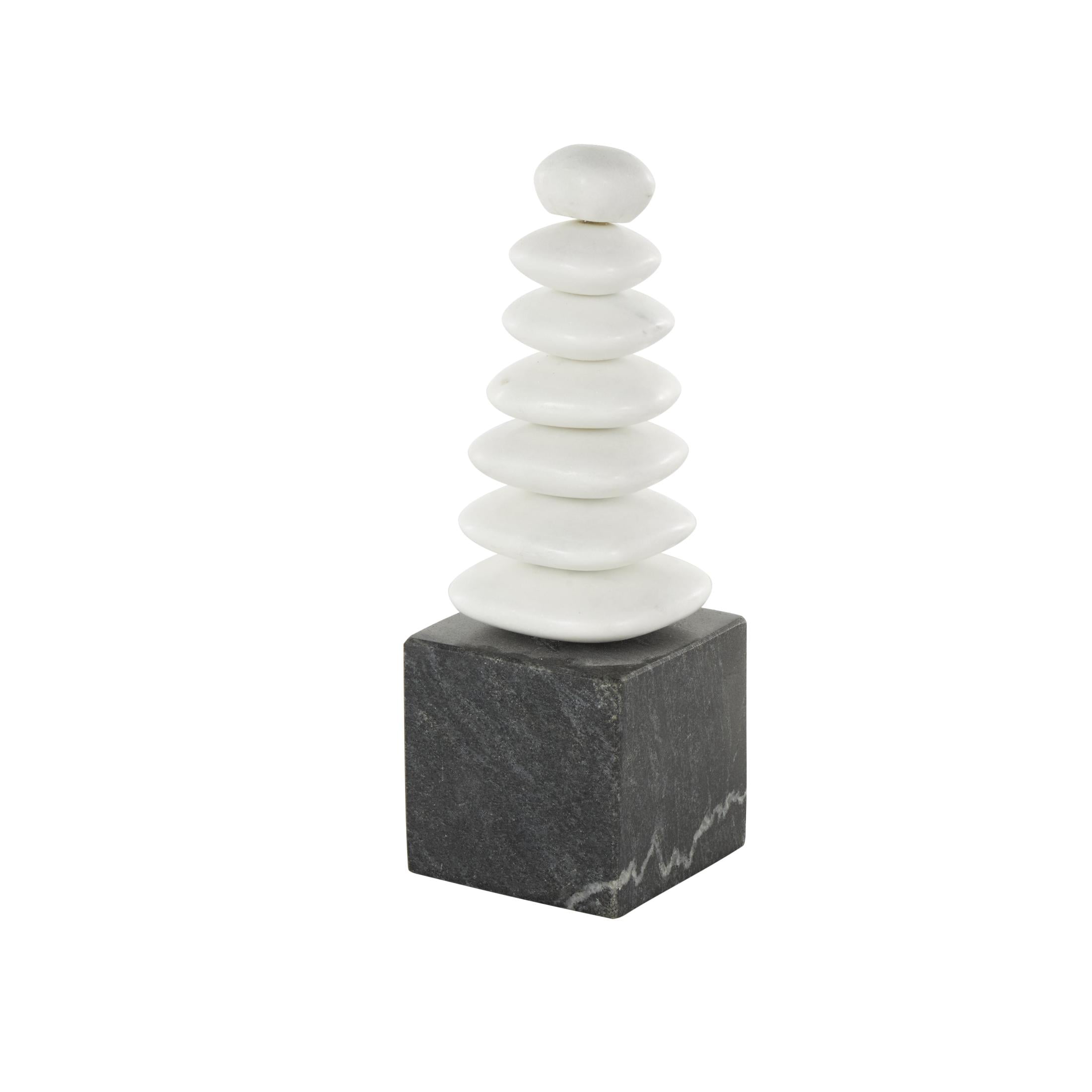3" x 9" White Marble Stacked Stone Abstract Sculpture with Black Block Base, by DecMode