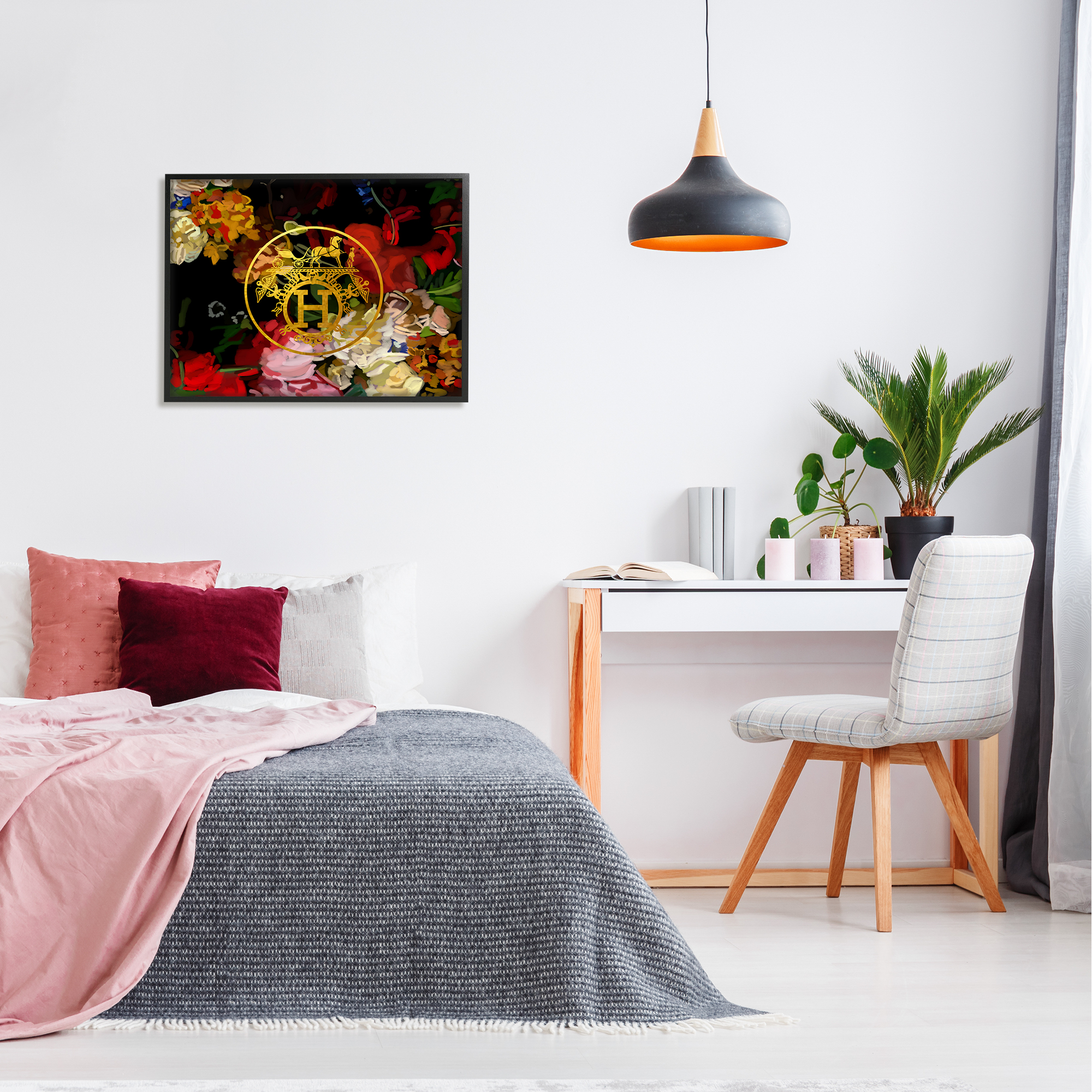 Stupell Industries Glam Emblem Flowers Botanical & Floral Painting Black Framed Art Print Wall Art, 30 x 24