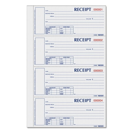 Rediform Hardcover Numbered Money Receipt Book, 6 7/8 x 2 3/4, Three-Part, 200 Forms