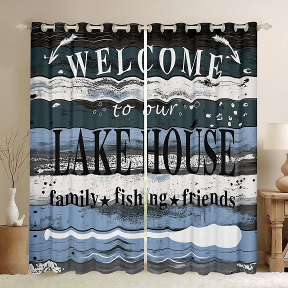 Homewish Adult Hunting and Fishing Blackout Curtains Set of 2 (52x84 Each), Blue Lake House Window Curtains, Rustic Farmhouse Curtains and Drapes, Living Room Curtains Decor