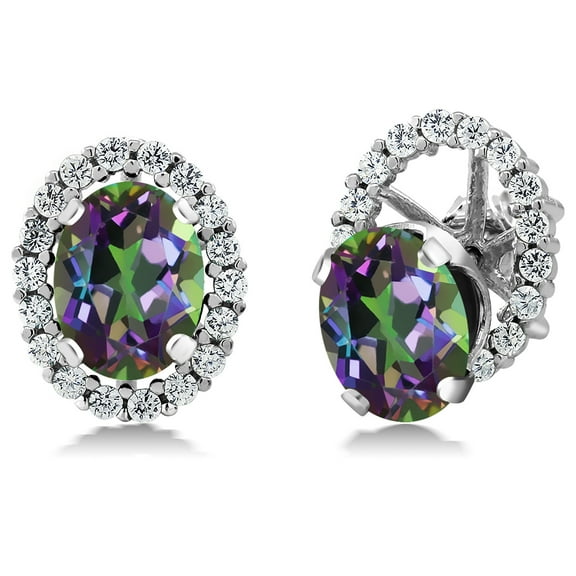 Gem Stone King 925 Sterling Silver Green Mystic Topaz Stud Earrings for women with Removable Jackets (3.72 Cttw Oval 8X6MM)