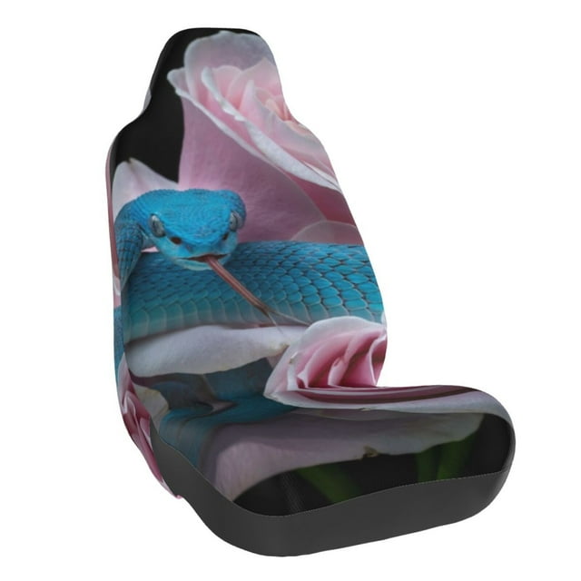 Wukai Blue Lipped Pit Viper And Three Pink Roses Full Set Car Seat Covers with Soft Padding Universal Auto Front Seats Protector and Cushion Mat