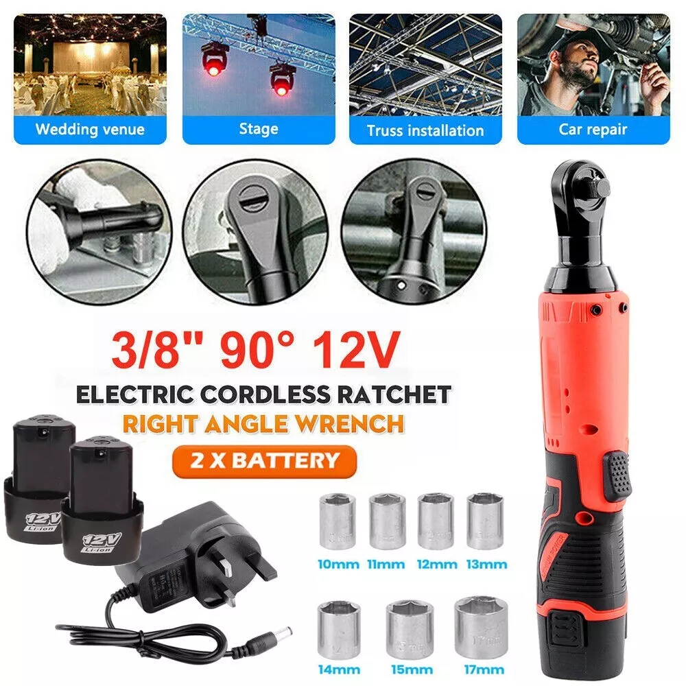 12V Electric Cordless Ratchet 3/8"Right Angle Wrench Impact Power Tool 2 Battery