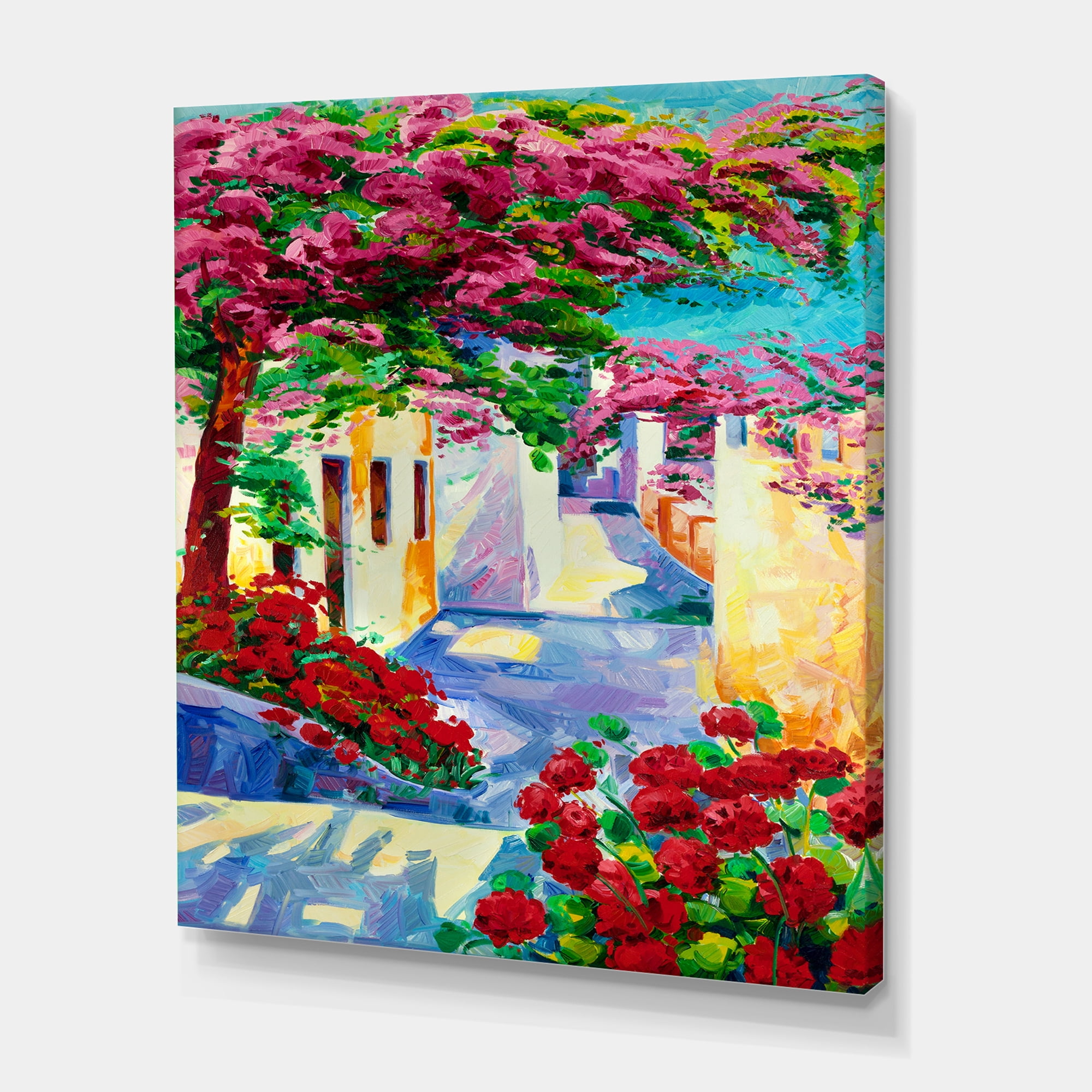 Designart ' Colorful Traditional Santorini Houses Among Flowers ' Nautical & Coastal Canvas Wall Art Print