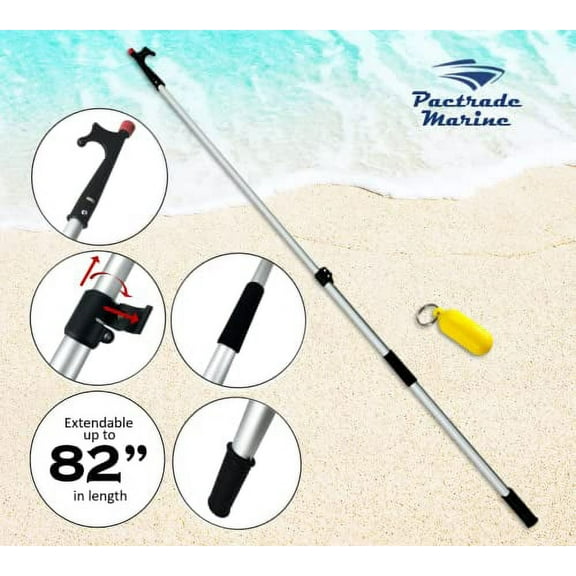 Pactrade Marine Anodized Aluminum Telescopic Boat Hook Dock Docking Extend Sections 47" to 82" Adjustable Extendable Length Plastic PC Red Tip Non-Slip Black Locking Vinyl Mechanism Ring Handles