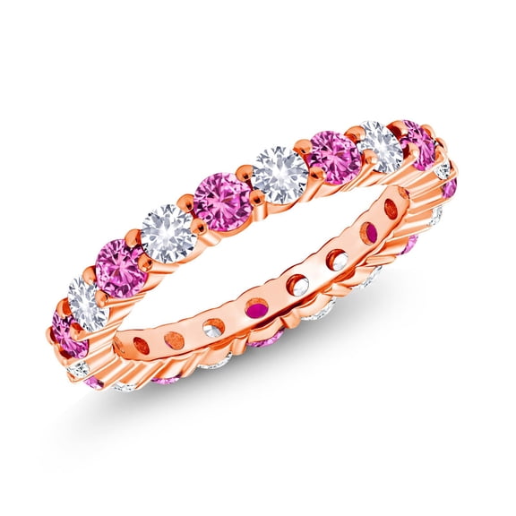Gem Stone King 1.33 Cttw Round Pink Sapphire and White Created Sapphire 18K Rose Gold Plated Silver Eternity Band Ring | Wedding Engagement Anniversary Promise Ring for Women | Available in Size 5-9