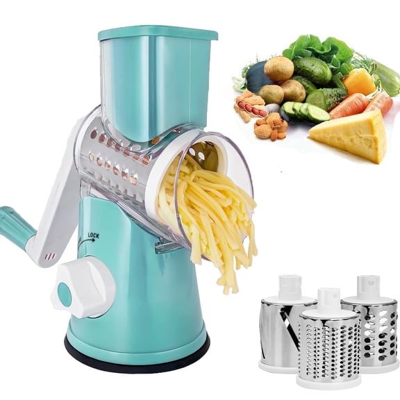 Premium Rotary Cheese Grater, Manual Cheese Shredder with 3 Interchangeable Blades and Powerful Suction Base, Dishwasher Safe, Blue