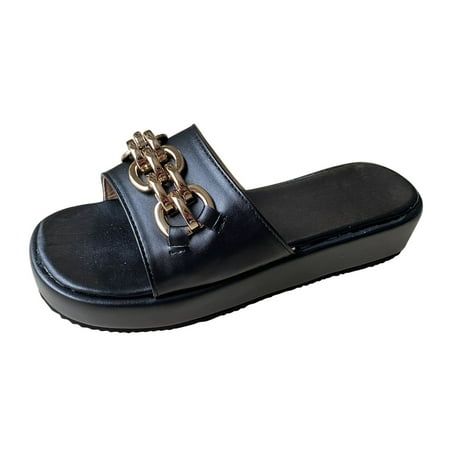 

Cathalem Ladies Fashion Summer Solid Color Leather Metal Buckle Decorative Open Toe Thick Slippers Black 42