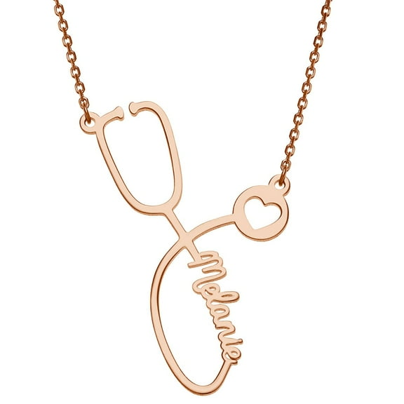Personalized Planet Script Name Stethoscope with Heart Necklace, Silvertone, Goldtone or Rosetone ,Women's