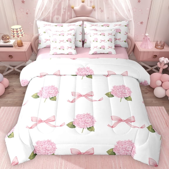 Erosebridal Garden Hydrandrea Flower Twin Bedding Sets for Girls, Kawaii Pink Bow-Tie Bedding Comforter Set, Pink Reversible, 7 Pieces