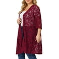 thumbnail image 4 of MODA NOVA Junior's Plus Cardigan Lace Open Front 3/4 Sleeve Bolero Cardigan  Burgundy 3X, 4 of 6
