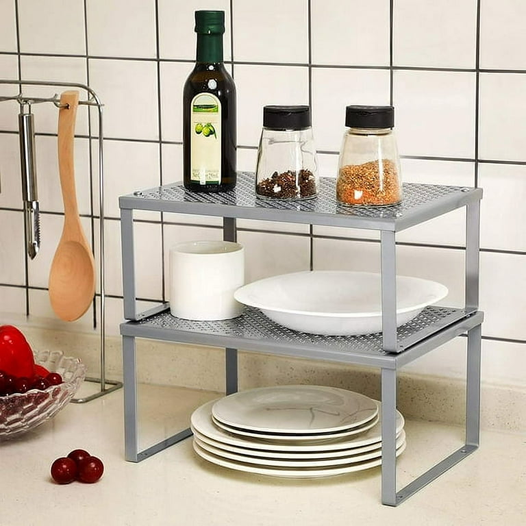 WOSOVO Set of 2 Kitchen Cabinet Organizer and Storage Shelves Stackable  Expandable Storage Racks with Anti-slip Liners for Cabinet Pantry, Silver