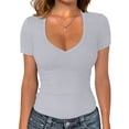 thumbnail image 7 of Womens Shirts V Neck Ribbed Short Sleeve Slim Basic Spring Summer Tshirts Shirts for Women Multicolor M, 7 of 7