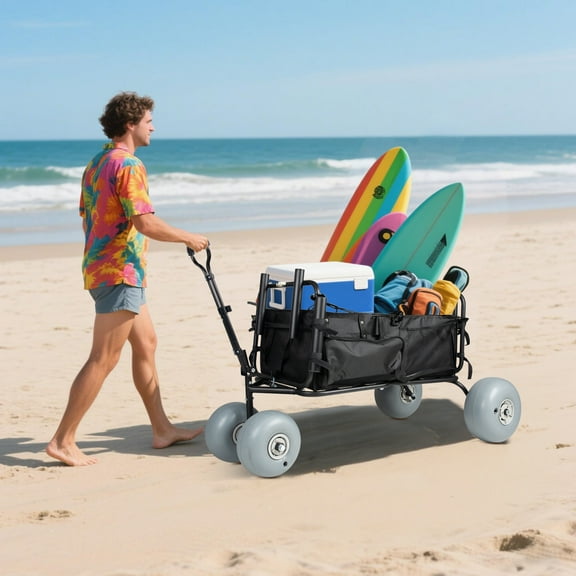 Beach Wagon with Balloon Wheels - 400 LBS Heavy Duty Beach Cart with Big Wheels for Sand, Utility Wagons Carts Foldable
