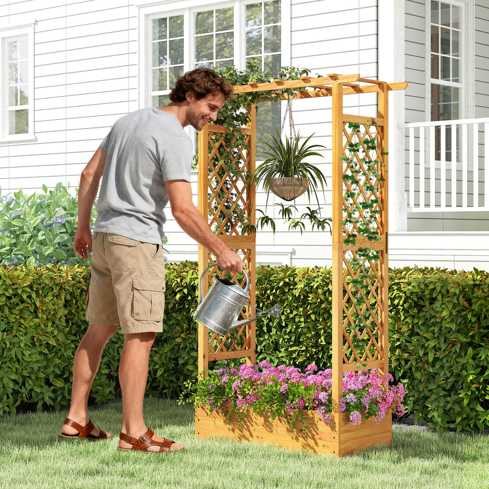 Costway 2 PCS 70” Wooden Raised Garden Bed with Lattice Trellis Hanging Roof Open-Ended Base