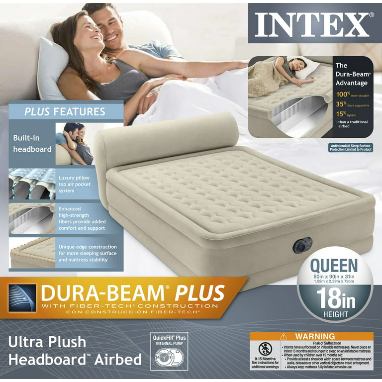 Intex Dura-Beam Deluxe Ultra Plush Headboard Queen Mattress with Built-in Pump