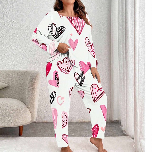 Oksale Tenue d'Intérieur à Imprimé Mignon pour Femmes, Ensemble de Pyjama 2 Pcs Grande Taille pour la Saint-Valentin, Coupe Ample, Manches Longues, Col Ras du Cou, Coton, Pyjama Respirant et Doux, Pantalon Long, Vêtement de Nuit, Rouge, 4TG