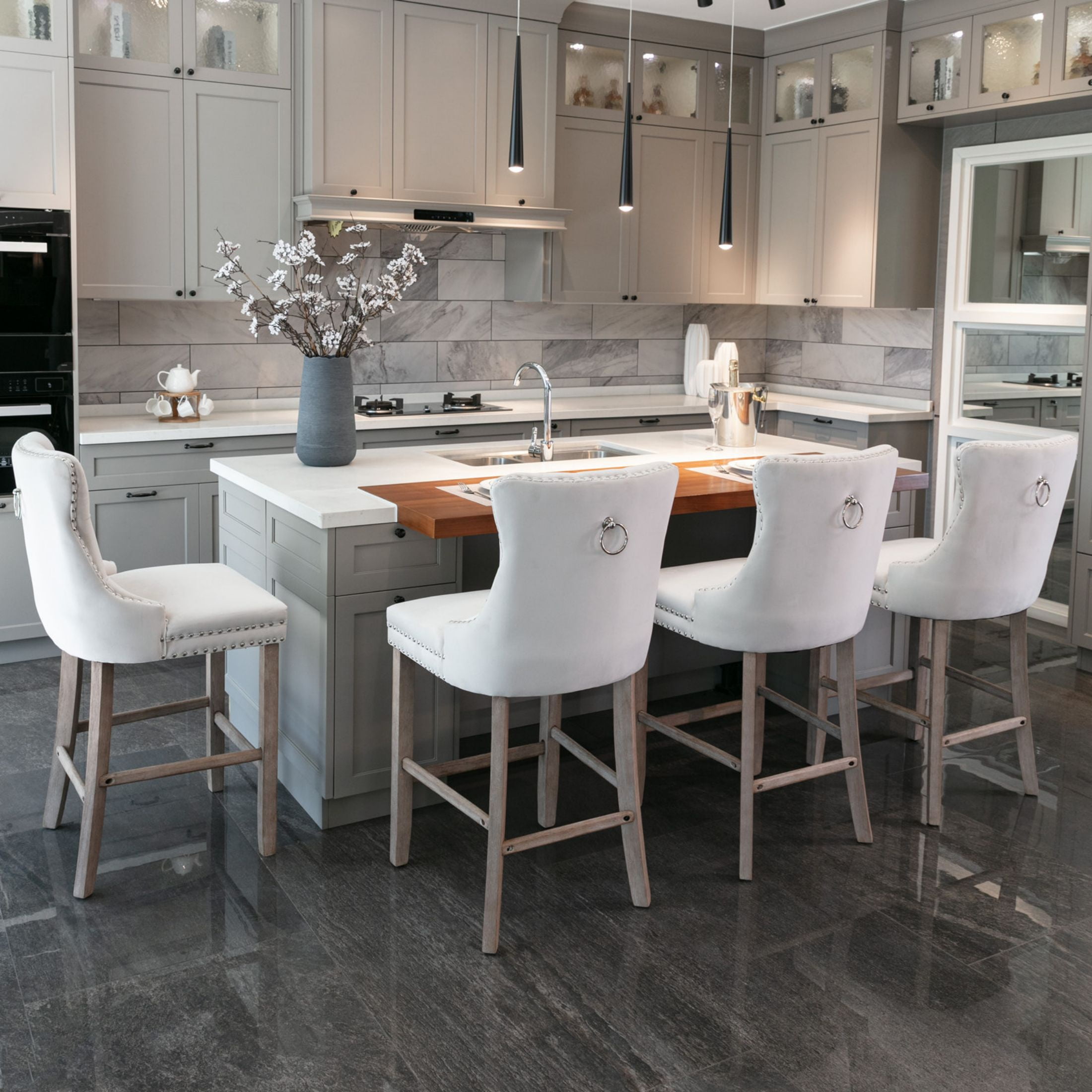 Paproos Upholstered Bar Stools Set of 2, Velvet Barstools with Wood Legs and Tufted, Modern Leisure Counter Height Bar Chairs with Chrome Nailhead Trim for Home Pub and Kitchen Island, Beige