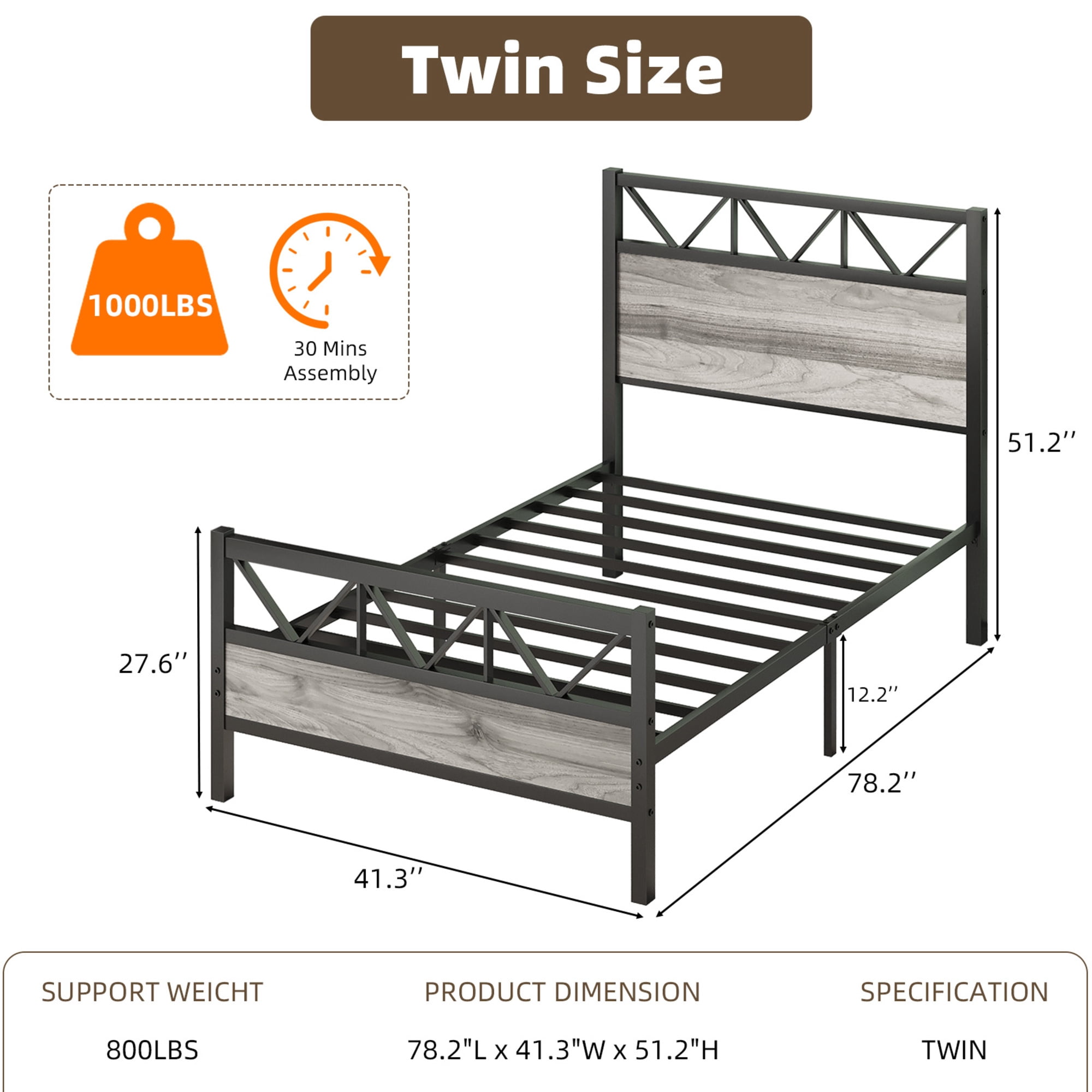 4 EVER WINNER 51.2" Twin Size Metal Platform Bed Frame with Vintage Style Headboard and Footboard/Mattress Foundation/Under Bed Storage/No Box Spring Needed/Easy Assembly/Noise Free/Wash Grey