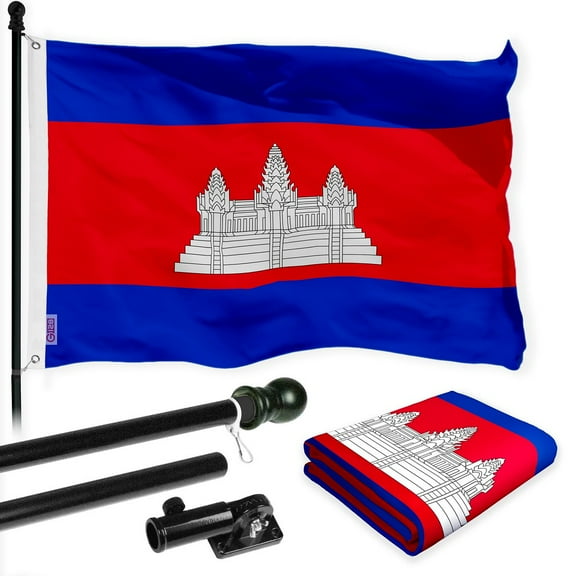 G128 Combo Pack: 6 Ft Tangle Free Spinning Flagpole (Black) & Cambodia Flag 3x5 Ft Printed 150D Polyester, Brass Grommets (Flag Included) Aluminum Flag Pole