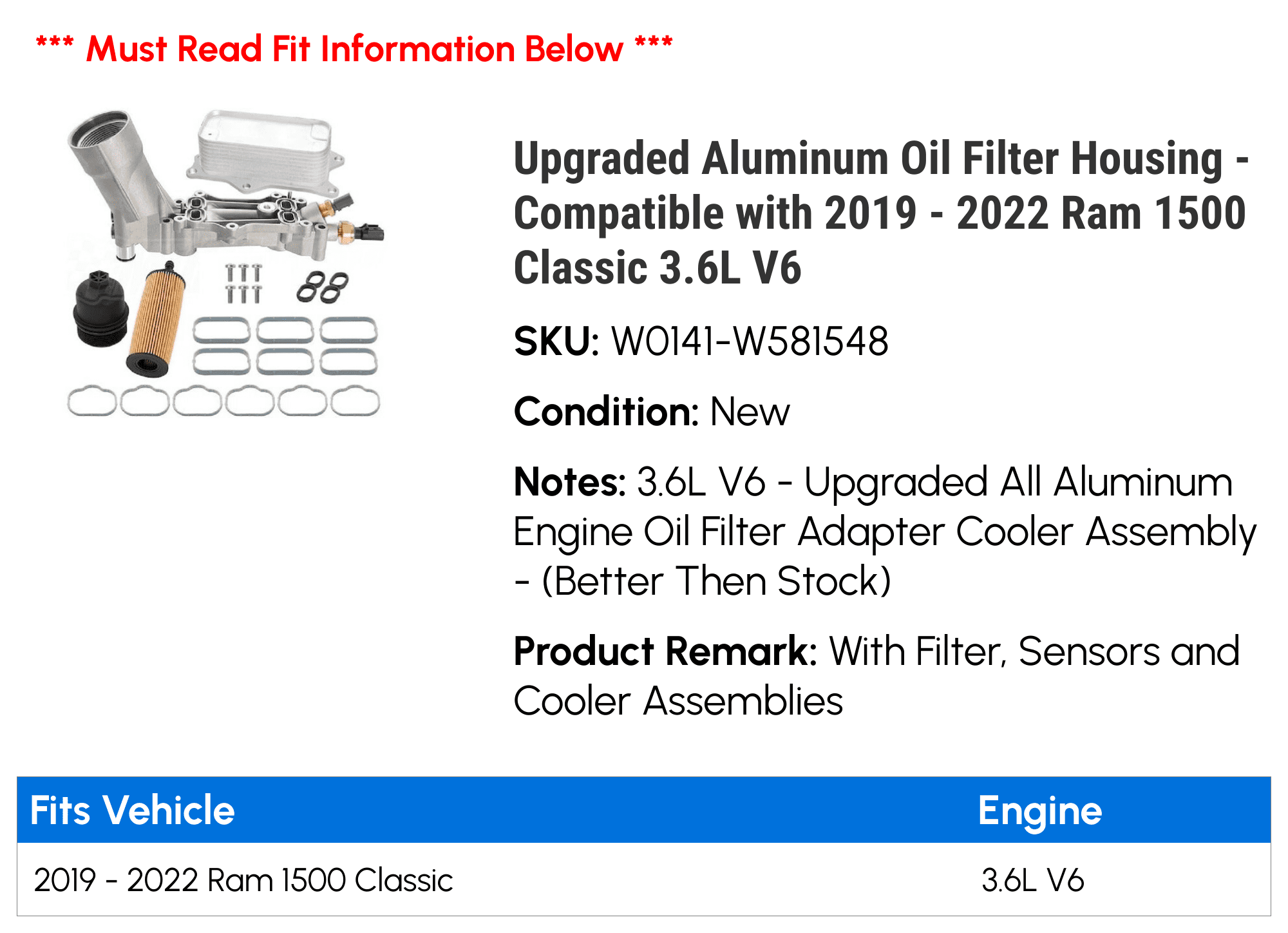 Upgraded Aluminum Oil Filter Housing - Compatible with 2019 - 2022 Ram 1500 Classic 3.6L V6 2020 2021