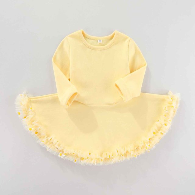Robes pour Filles Tout-Petits Enfants Filles Unies à Manches Longues Robe en Tulle Florale de Fête de Danse Princesse Robes pour Enfants Robe Jaune 2 Ans-3 Ans
