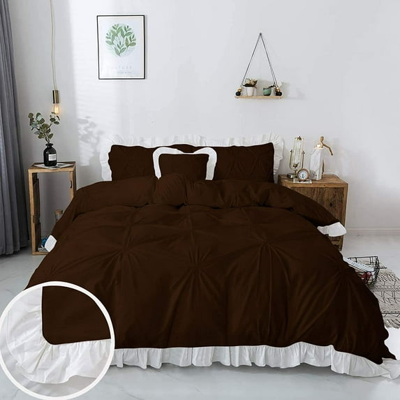 5 Piece Pinch Ruffle Duvet Cover Set, Extra Soft, Luxury,100% Egyptian Cotton, Zipper Closure and Quilts Cover Set, Cool and Breatheable Bedding Sets Chocolate and White Solid, Over Size Queen Size.