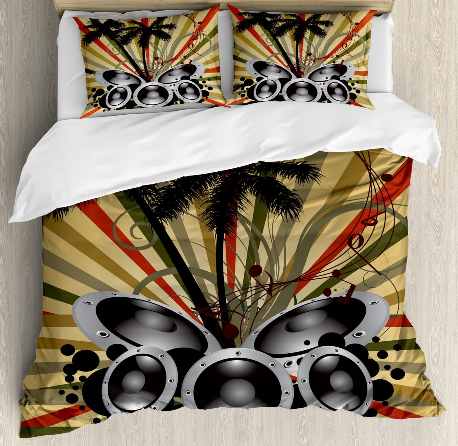 Modern Duvet Cover Set Palm Trees Striped Ombre Backdrop Loudspeaker Art Print Decorative Bedding With Pillow Shams Red Tan Hunter Green