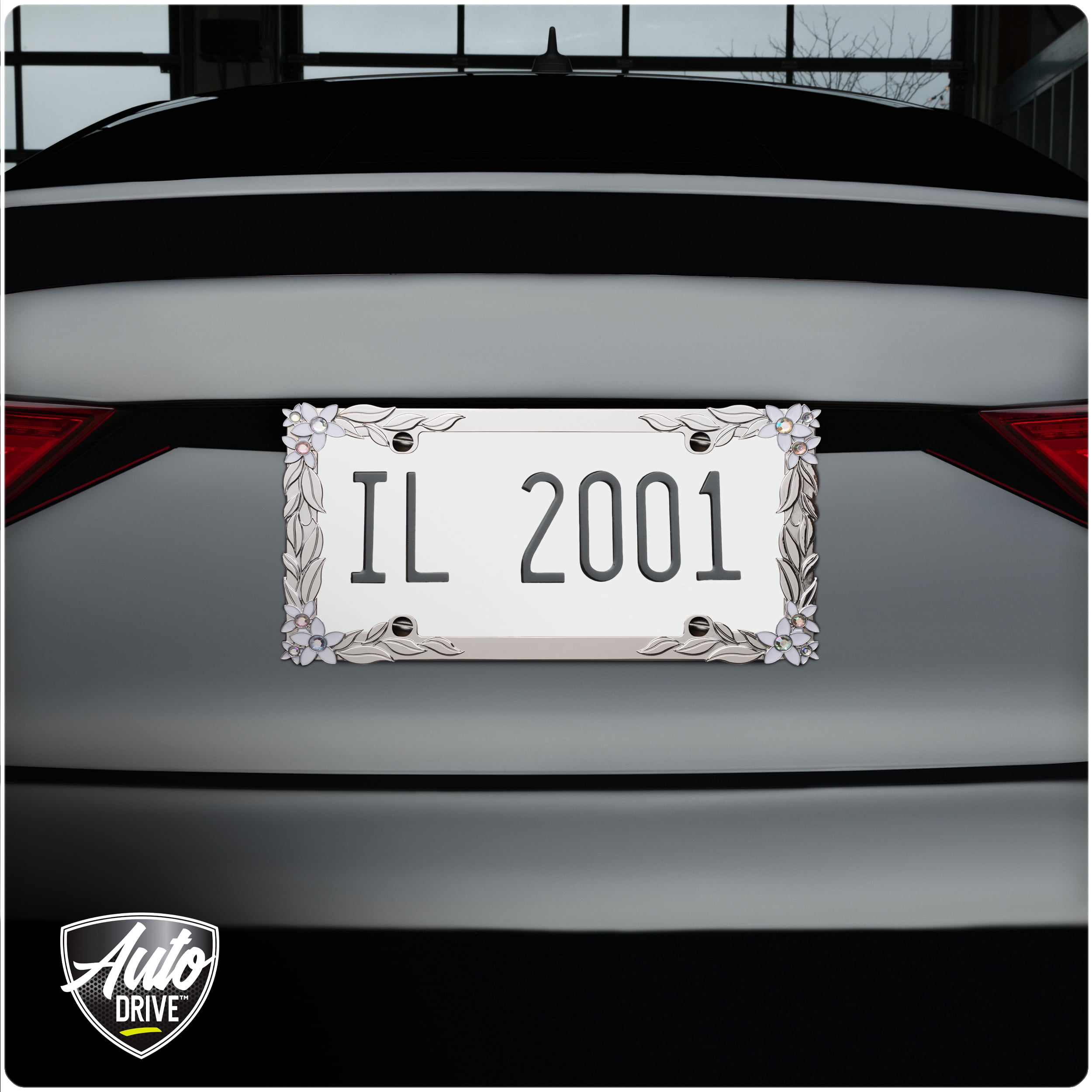 Auto Drive 3-D Daisy Bling Silver Metal License Plate Frame, 90142W