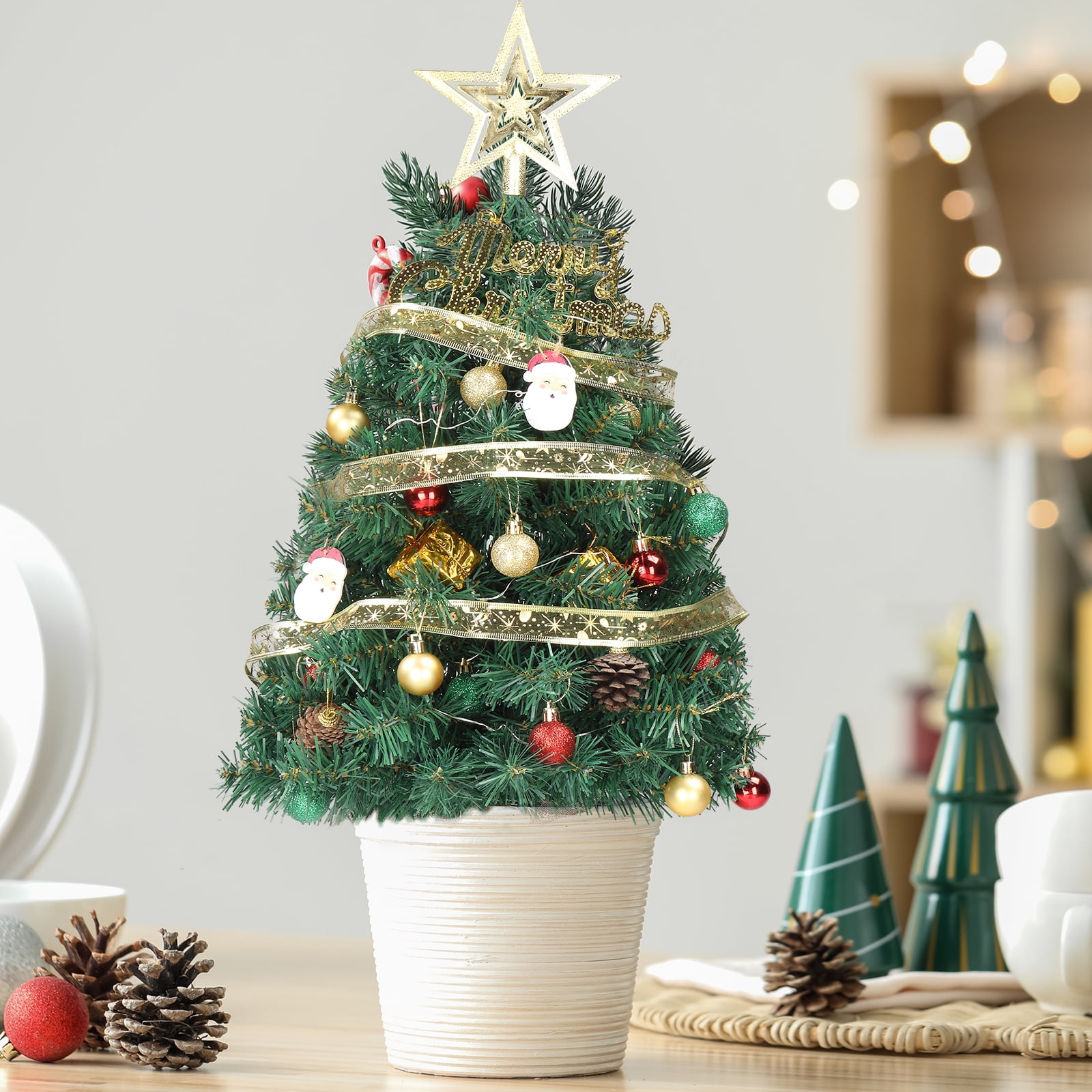 20 in Pre-lit Artificial Mini Christmas Tree, Pre-Decorated with 30 Warm White LED Lights 3 Modes, Premium PVC Wood Base for Home Office Store Holiday Deco, Green