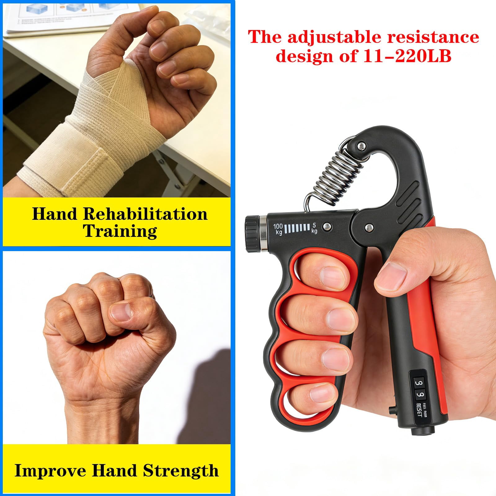 Hand Gripper Strengthener  11-220lbs Adjustable Resistance Grip Strength Trainer With Counter Forearm Exerciser For Injury And Building