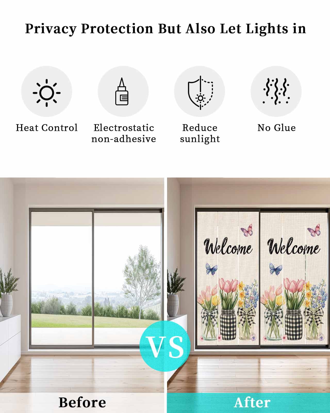 Window Privacy Film Spring Flowers Stained Glass Window Film Decorative Sun Block Window Cover Vintage Farmhouse Tulip Botanical Window Clings Static Adhesive Sticker for Bathroom 19.6"x39.3"