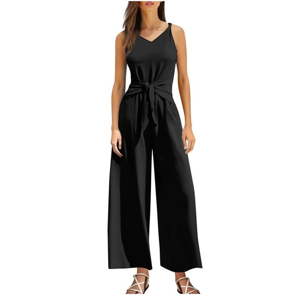 Jumpsuit for Women, Solid-Color V-Neck Sleeveless Wide-Leg Twisted Design, Black, Regular Length, Hand Wash Only