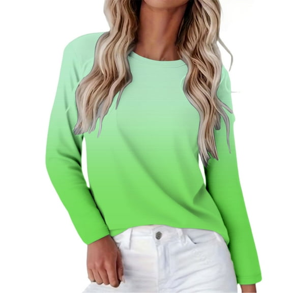 Women's Gradient Color Raglan Sleeve Round Neck Sweatshirt, Long Sleeve Soft Rayon Blend Pullover Top with Loose Fit for Fall Season, Casual Streetwear and Legging Pairing Outfits Green L