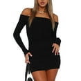 thumbnail image 4 of Lnzyyephy Women's Short Fitted Dress Solid Color Long Sleeve Party Dress Off Shoulder Clubwear, 4 of 6