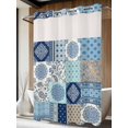 thumbnail image 2 of No Hook Shower Curtain with Snap-in Liner, Bohemia Floral Waterproof Fabric Bathroom Curtains, Retro Mediterranean Texture Patchwork Blue Bath Curtains & Mesh Top Window 60"x72", 2 of 9