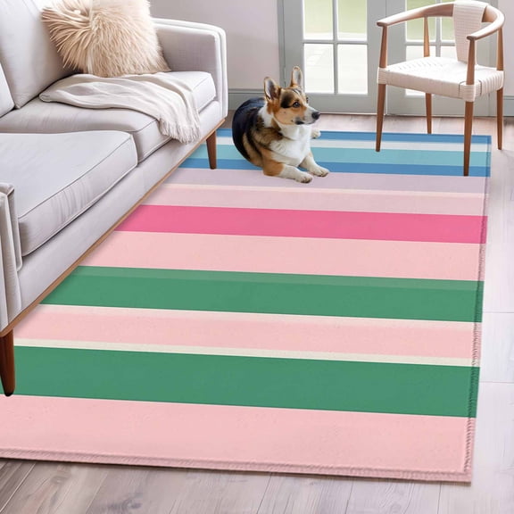 Pink Green Blue Stripe Area Rug 4x6 Washable Rug Non Slip Farmhouse Stripes Contemporary Large Area Rug Indoor Floor Carpet for Entryway Bedroom Kitchen Living Room Home Office Dining Room Nursery