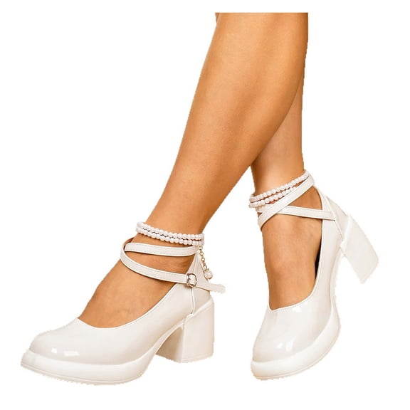 Purcolt Mary Jane Shoes for Women Cute Round Toe Chunky Sole Heels Pumps Buckle Pearl Strap Block Heel Dress Shoes for Wedding Party Club