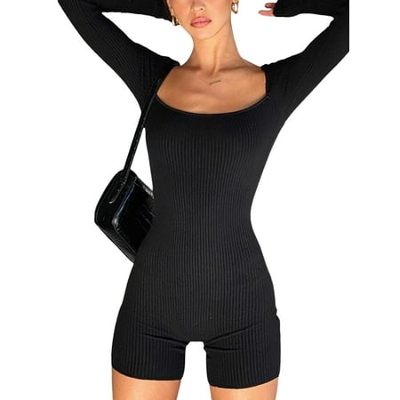 

Liacowi Women Tight Jumpsuit Pajamas Square Neck Long Sleeve Romper Ribbed Knit Yoga Sports Gym Bodysuit Steetwear