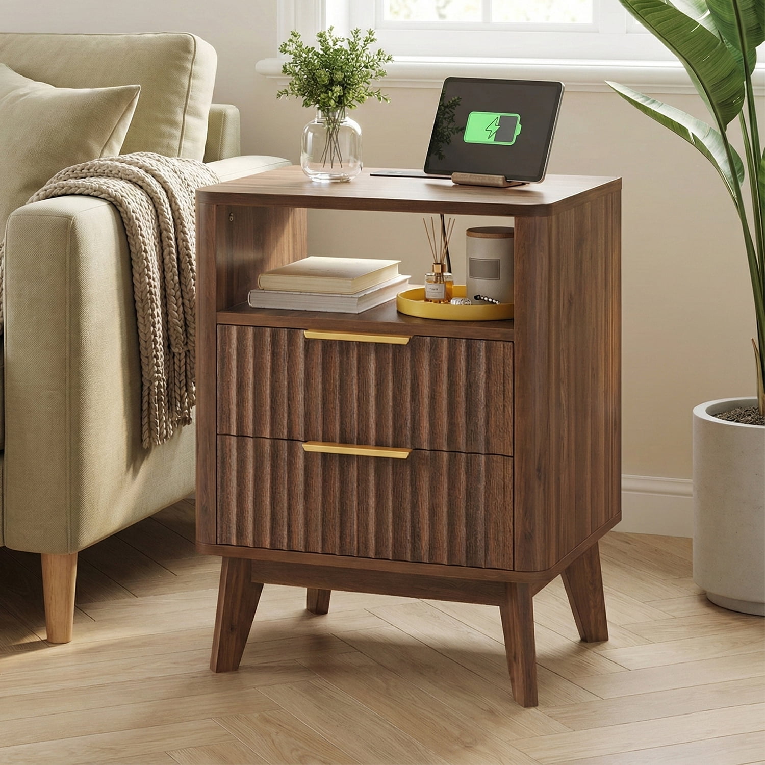 TOMNK Fluted Nightstand with Charging Station, 18" Modern Side Table, 2 Drawers End Table with Storage, Bedside Table for Bedroom, Living Room, Curved Profile Design, Dark Walnut