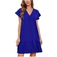 thumbnail image 1 of Mini vestido de manga corta sólido con cuello en V informal de verano para mujer a la moda Fridja  bnh2711, 1 of 9